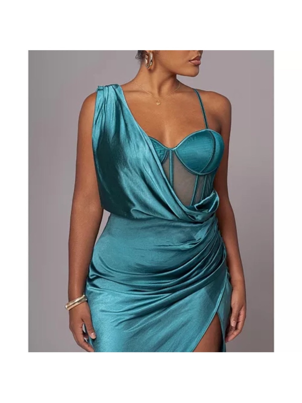 JLUXLABEL One-Shoulder Emerald Satin Dress